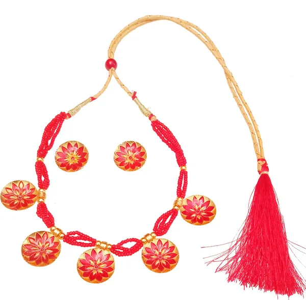Assamese_Traditional_Gold_Plated_Red_Colour_Golpata_Necklace_Set_For_Women